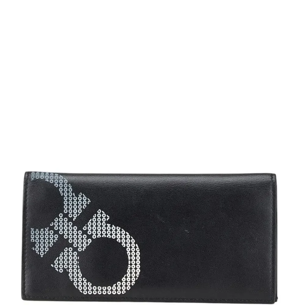 Salvatore Ferragamo Leather Double Gancini Long Wallet Black